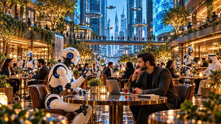 مشهد مستقبلي يوضح تعاون الإنسان والروبوتات في بيئة حضرية ذكية