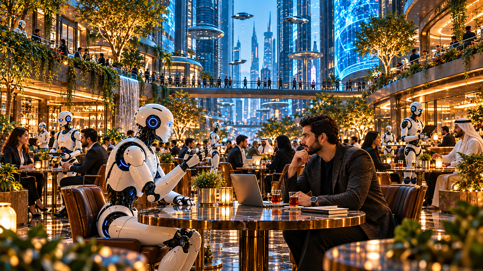 مشهد مستقبلي يوضح تعاون الإنسان والروبوتات في بيئة حضرية ذكية